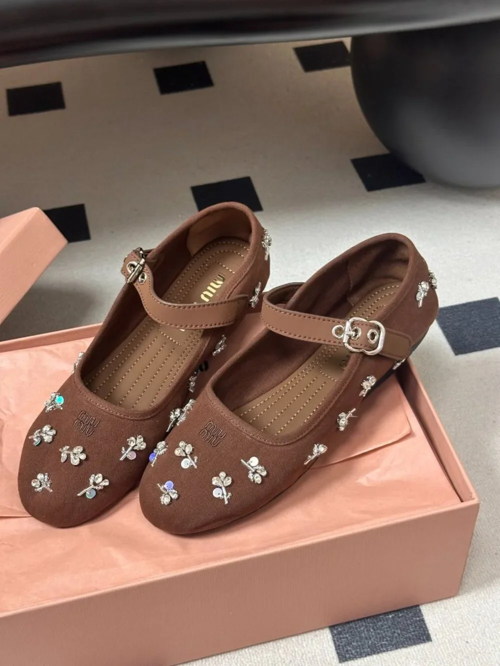 Miu Miu Brown Rhinestone-Embellished Mary Jane Ballet Flats - Picture 3 of 8